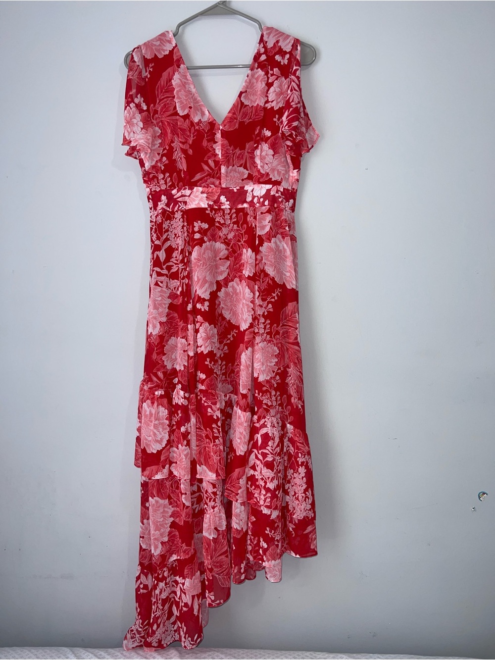 INC International Concepts Asymmetrical Flutter Dress Red Floral Chiffon 2
